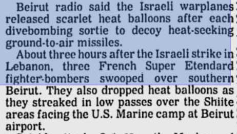 Israeli warplanes, including French Etendard fighter-bombers, release scarlet heat balloons over Lebanon