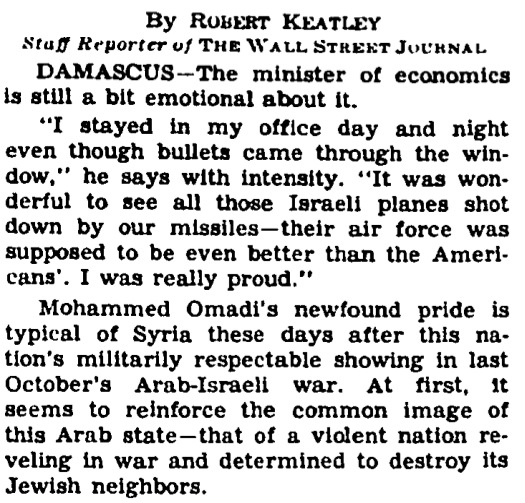 Newspaper clipping recounting Mohammed Omadi's pleasure at seeing Israeli planes downed by Soviet SAM missiles during Yom Kippur War