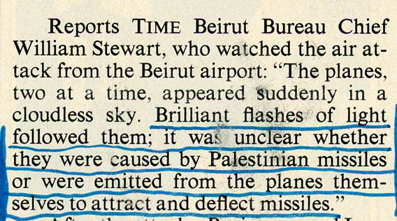Newspaper clipping describing brilliant flashes of light released by planes to attract and deflect missiles