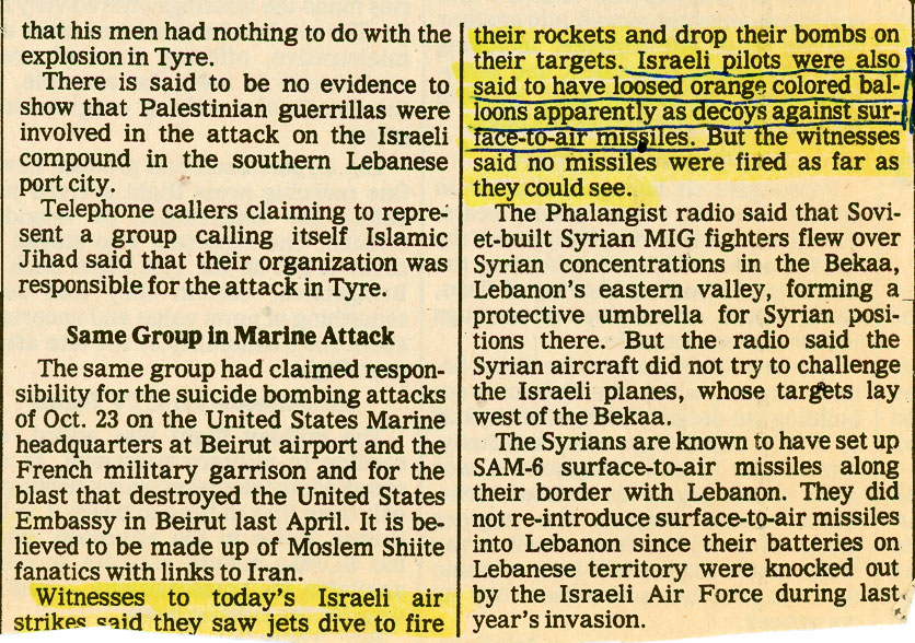 Newspaper clipping describing Israeli pilots loosing orange colored balloons as decoys against surface-to-air missiles