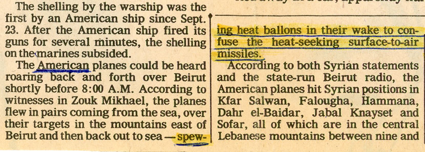Newspaper clipping describing the spewing of heat balloons as protection against surface-to-air missiles