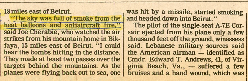 Newspaper clipping describing the spewing of heat balloons as protection against surface-to-air missiles