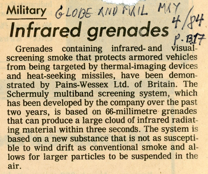 Newspaper clipping describing protection of tanks behind hot-cloud screen