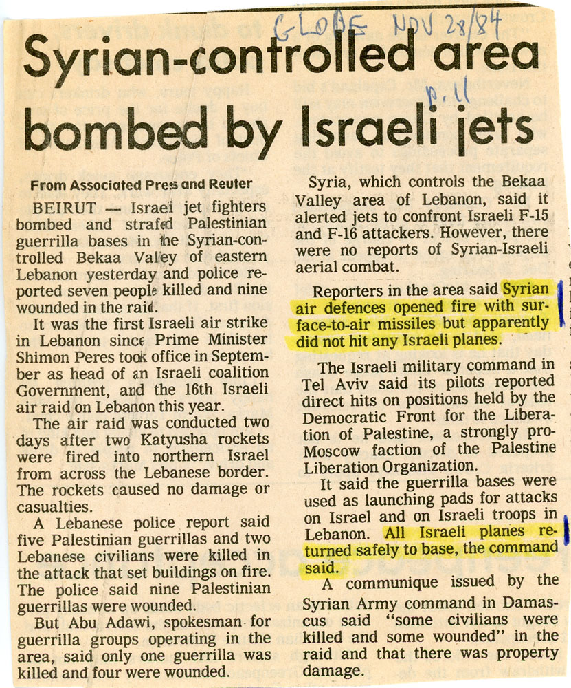 Newspaper clipping showing Soviet missiles unable to hit Israeli planes