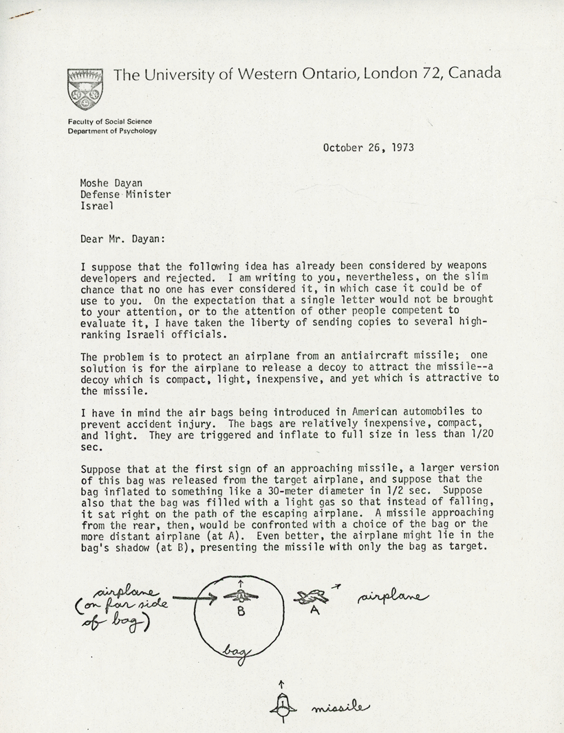 Letter to Moshe Dayan and five other Israeli officials recommending the use of heat balloons to deflect Soviet SAM missiles, p. 1