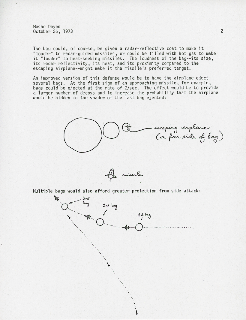 Letter to Moshe Dayan and five other Israeli officials recommending the use of heat balloons to deflect Soviet SAM missiles, p. 2