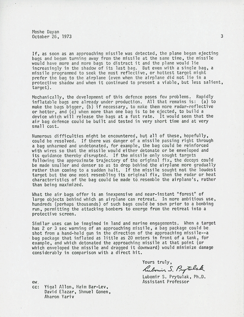Letter to Moshe Dayan and five other Israeli officials recommending the use of heat balloons to deflect Soviet SAM missiles, p. 3