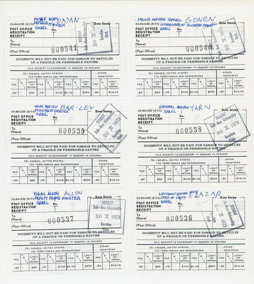 Post Office receipts for six letters mailed to Moshe Dayan and five other Israeli officials recommending the use of thermal balloons