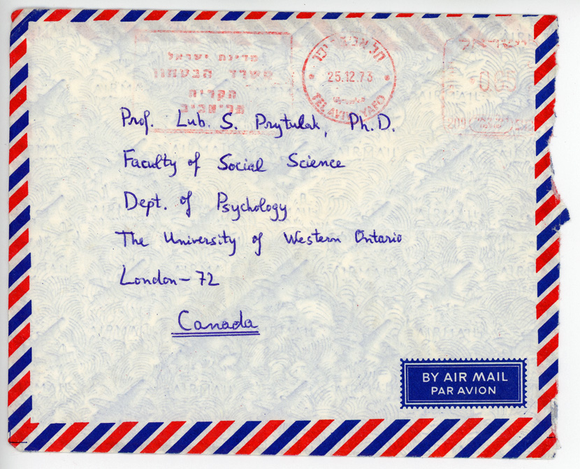 Envelope containing Dr. M. Simhi's reply to Luby Prytulak's first thermal-balloons letter