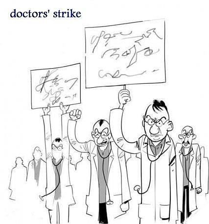 Doctor's strike holding up illegible placards, Saboteurs of education create fumblefinger society