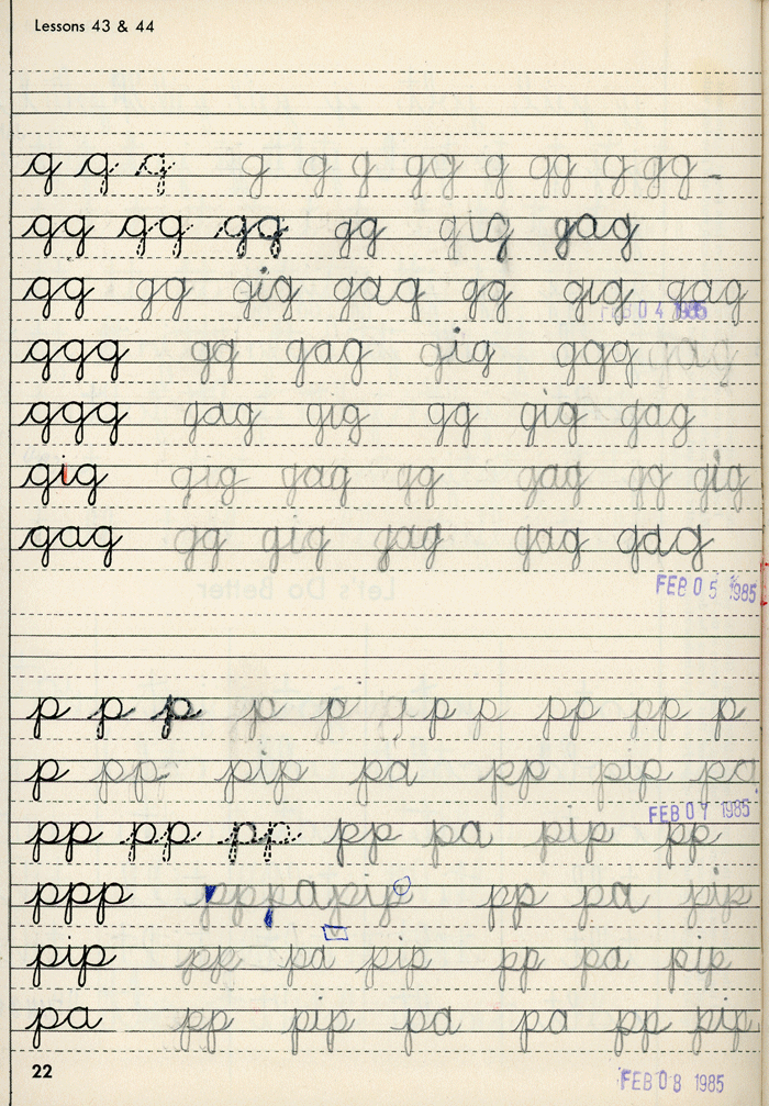 Enriched Penmanship, Marko's Penmanship Notebooks, Impoverished writing of g and p
