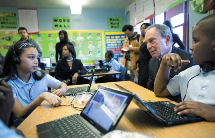 New York Mayor Michael Bloomberg with students