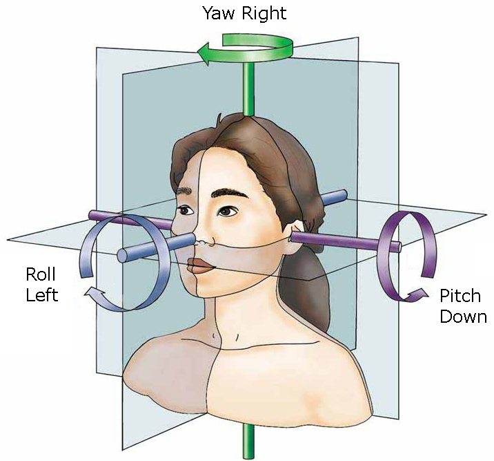 Pitch, Yaw, and Roll axes describe the motions of the human head