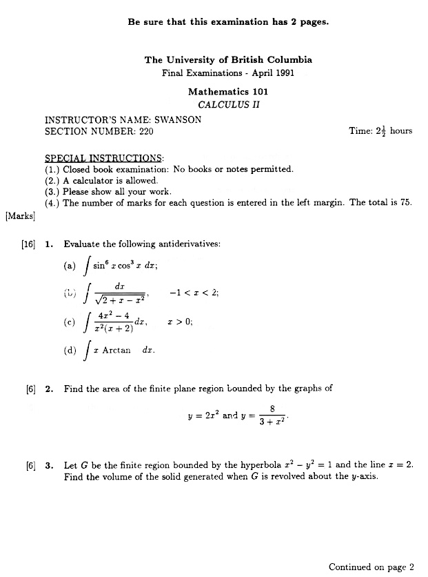 First page of Calculus exam at UBC written by 12-year-old Marko at the University of British Columbia