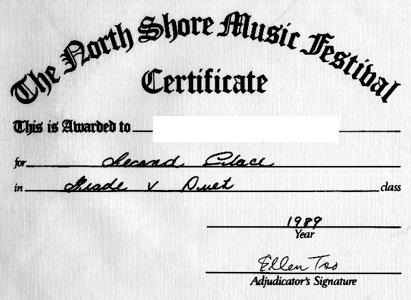 TwelveByTwelve (TBT):  Certificate of participation for Grade 5 von Weber duet at Vancouver's North Shore Music Festival