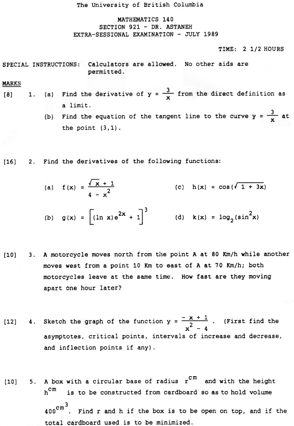 TwelveByTwelve (TBT): First page of final exam in Dr Ali Astaneh's UBC Math 140 written by Marko at age 10:10